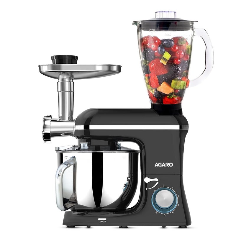 AGARO Regency Stand Mixer With Meat Grinder1400W with 6L SS Bowl 15L Blending Jar 6 Speed With Pulse Function 100 Copper Motor Whipping Kneading Blending Black - Image 1