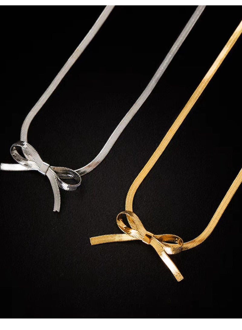 [Golden]Gold Plated Basic Snake Bone Chain Neck Chain Bow Neck Chain - Image 4