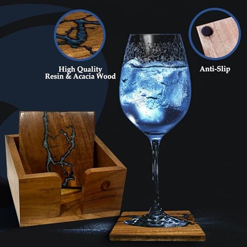 Cultured Creation | Beautiful Epoxy Resin and Wood Coaster Set | Ideal for Tabletop Protection | Enhance Your Coffee Table Decor | (Fractal Burning Blue) - Image 4