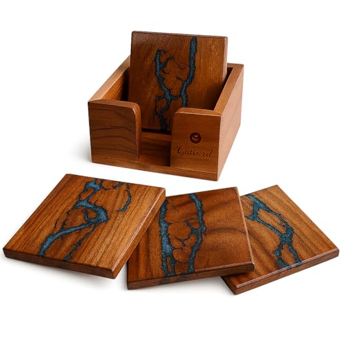Cultured Creation | Beautiful Epoxy Resin and Wood Coaster Set | Ideal for Tabletop Protection | Enhance Your Coffee Table Decor | (Fractal Burning Blue) - Image 1