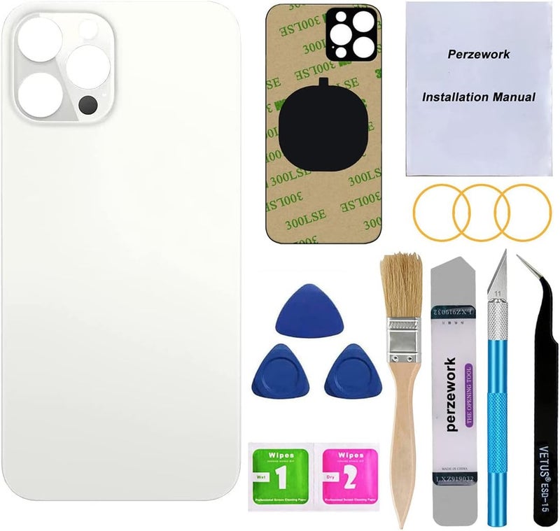 Perzework استبدال زجاج خلفي أصلي لجهاز آيفون 12 برو 6.1 بوصة مع مجموعة أدوات الإصلاح (فضي) - Image 1