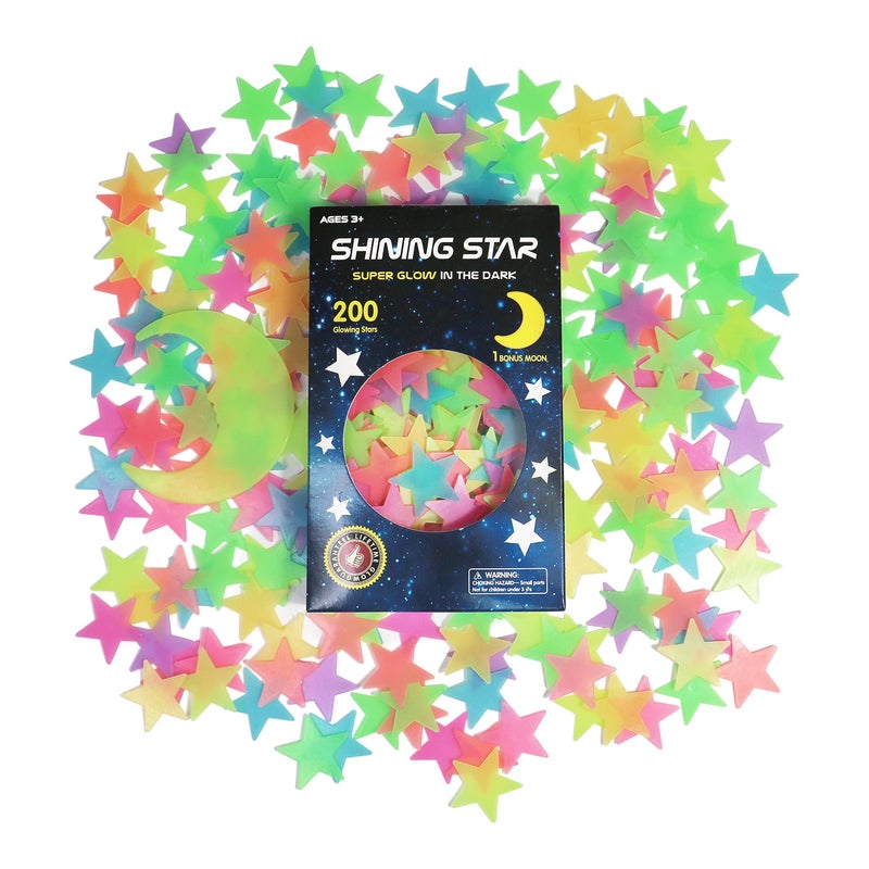 Glow in the Dark Stars Stickers for Ceiling Adhesive 200pcs 3D Glowing Stars and Moon for Kids BedroomLuminous Stars Stickers Create a Realistic Starry Sky Room DecorWall Stickers