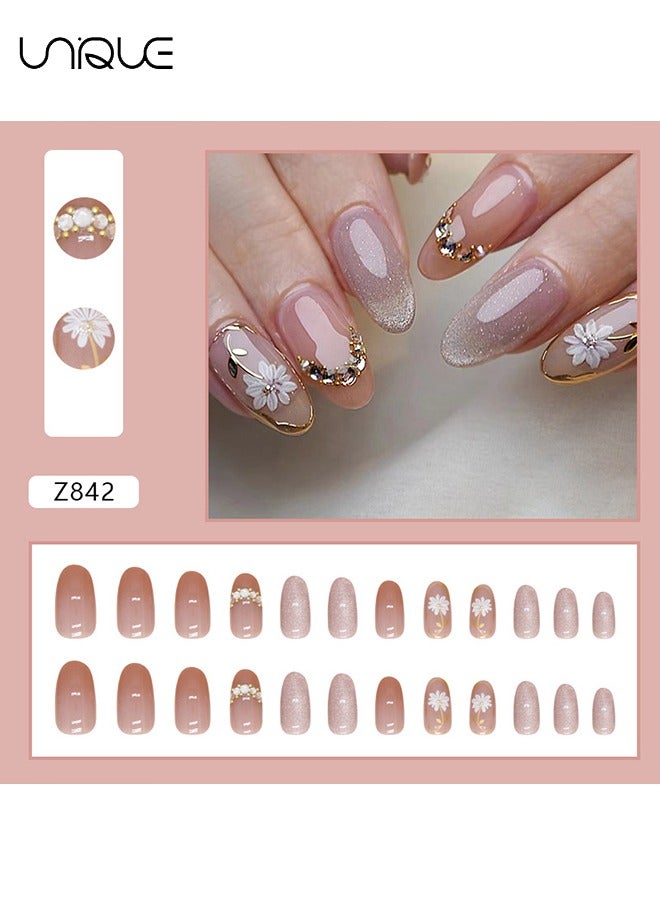 Unique 24 Pcs Fake Nails - Mid-Almond Manicure - Shiny Gold Foil Manicure - Daisy Cat's Eye Nail Art - Fake Nail Patch - Image 2