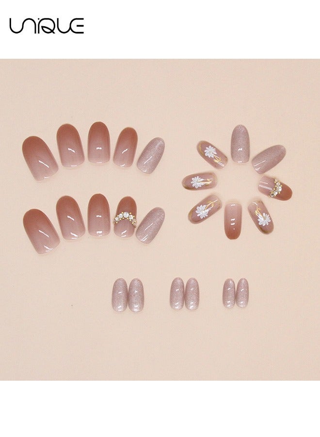 Unique 24 Pcs Fake Nails - Mid-Almond Manicure - Shiny Gold Foil Manicure - Daisy Cat's Eye Nail Art - Fake Nail Patch - Image 3