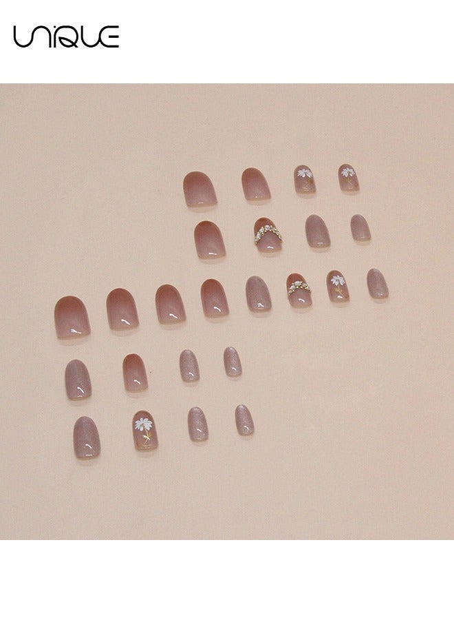 Unique 24 Pcs Fake Nails - Mid-Almond Manicure - Shiny Gold Foil Manicure - Daisy Cat's Eye Nail Art - Fake Nail Patch - Image 4