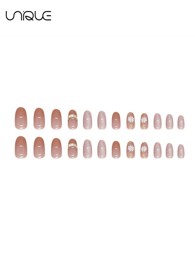 Unique 24 Pcs Fake Nails - Mid-Almond Manicure - Shiny Gold Foil Manicure - Daisy Cat's Eye Nail Art - Fake Nail Patch - Image 5