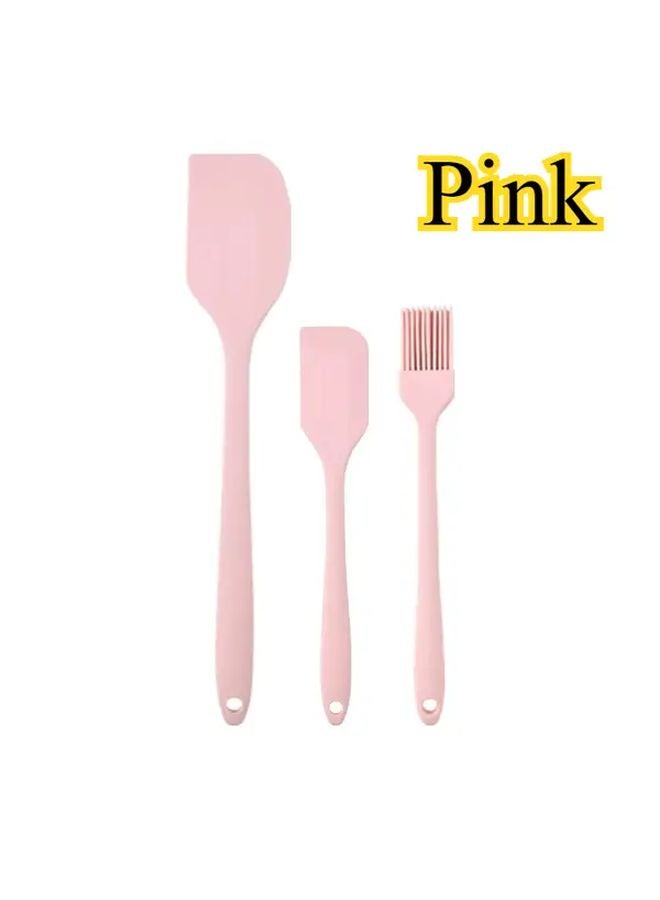 Pink Cake Cream Scraper Oil Brush And Spatula Three Piece Baking Tools Set - Image 1