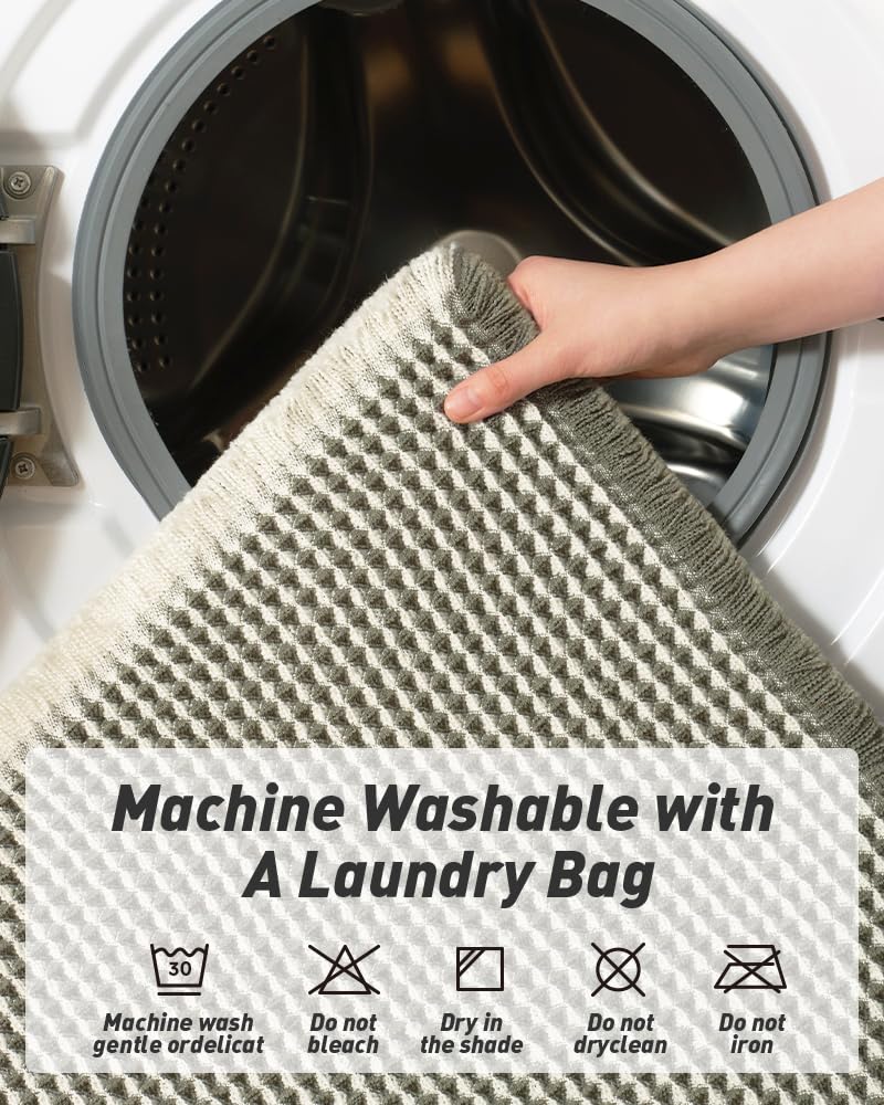 AMOAMI Upgraded Waffle Bath Mat, Super Absorbent Non Slip Bath Mats for Bathroom Floor, Machine Washable Bathroom Rugs with Tassels, Rubber Backed Bathroom Mats, Ultra Soft, 18" x 30", Green & Cream - Image 5