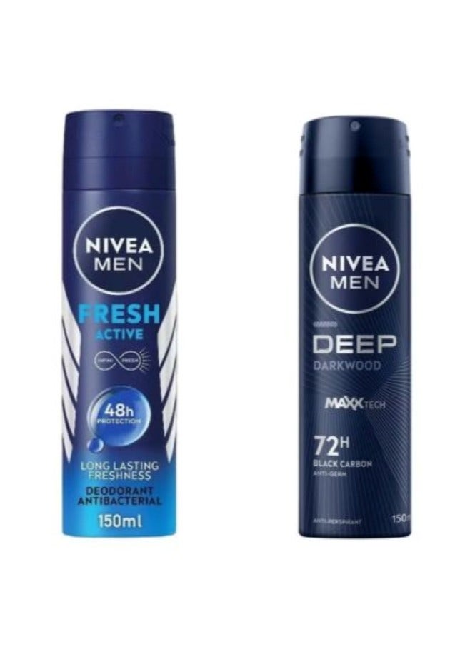 Nivea Men Fresh Active Quick Dry Deodorant Spray 150ml + Deep Dark Wood & Black Carbon Anti-Bacterial Spray Multicolor 150ml - Image 1
