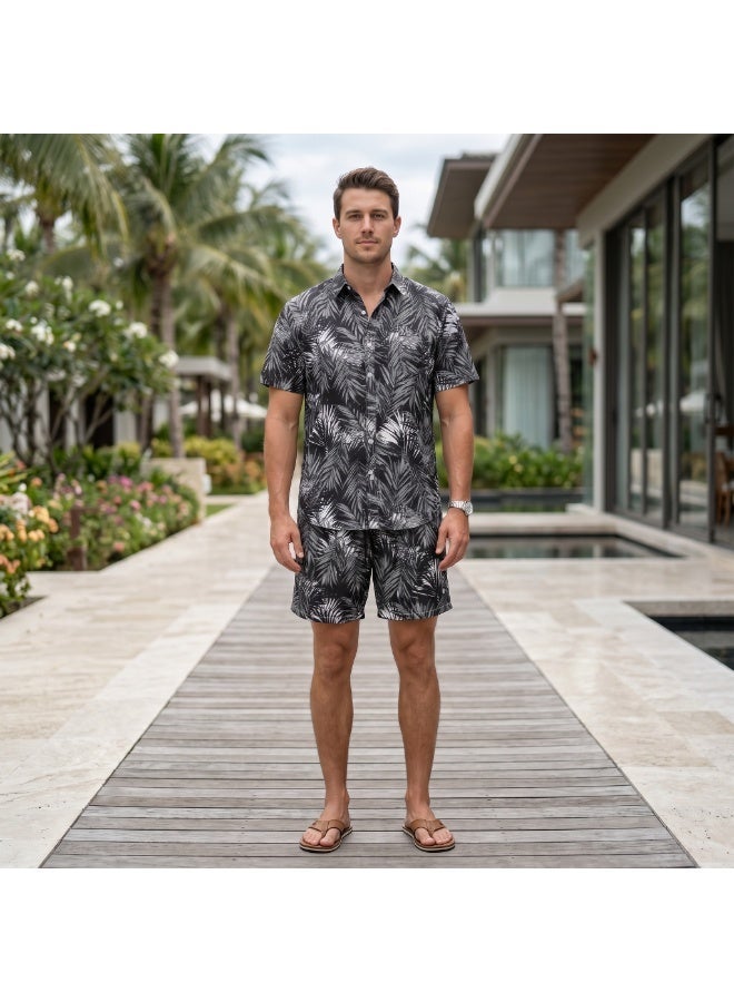 IceZone Men's 2 Piece Matching Set, Palm Midnight Black Tropical Print, Short Sleeve Button Up Shirt & Quick Dry Swim Shorts, Summer Beach Outfit - Image 1