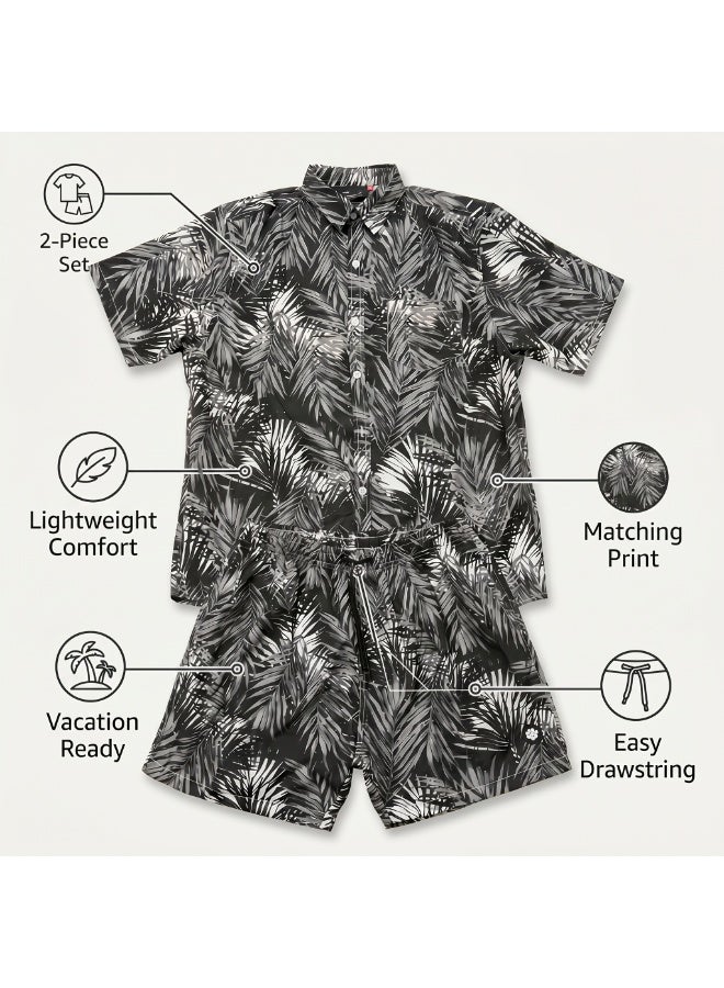 IceZone Men's 2 Piece Matching Set, Palm Midnight Black Tropical Print, Short Sleeve Button Up Shirt & Quick Dry Swim Shorts, Summer Beach Outfit - Image 2