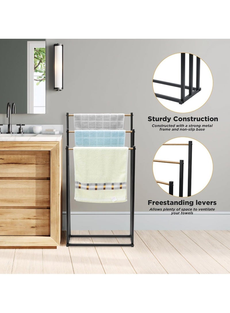 والالا رف مناشف قابل للطي من الخشب المعدني ذو سعة كبيرة من 3 طبقات، حامل مناشف سلم معدني مطلي مضاد للصدأ، حامل تجفيف، رف منظم حمام الحمام مع مقبض خشبي لتوفير المساحة - Image 3