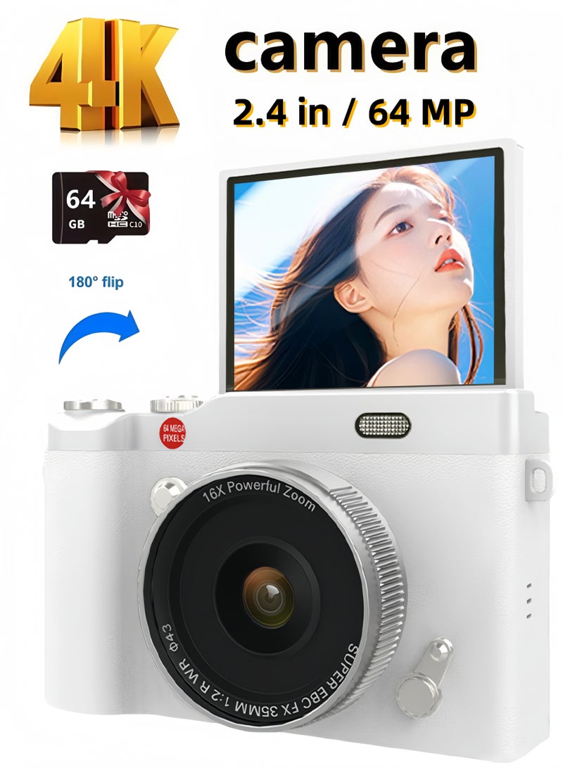 LAYRA 4K CCD Digital Zoom Student Digital Camera 64MP Portable Digital Photography Camera 180° Flip Screen Selfie Camera，with 64GB SD card  - Image 1