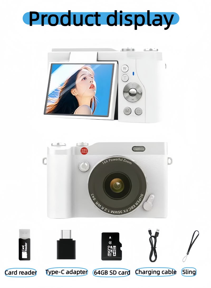 LAYRA 4K CCD Digital Zoom Student Digital Camera 64MP Portable Digital Photography Camera 180° Flip Screen Selfie Camera，with 64GB SD card  - Image 2