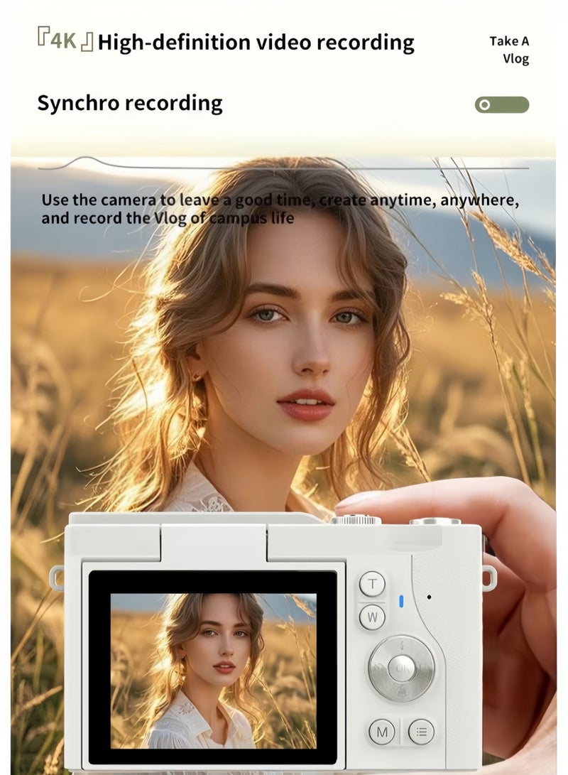 4K CCD Digital Zoom Student Digital Camera 64MP Portable Digital Photography Camera 180° Flip Screen Selfie Camera，with 64GB SD card