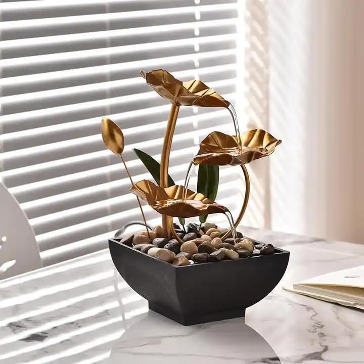 Mforall Metal Tabletop Waterfall Fountain Tablr Auto Water Fountain Three Layer Water Fountain Indoor Relaxation Lotus Leaf Fountain For Bedroom Office Showcase Small Golden - Image 2