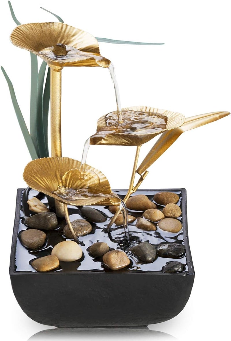 Mforall Metal Tabletop Waterfall Fountain Tablr Auto Water Fountain Three Layer Water Fountain Indoor Relaxation Lotus Leaf Fountain For Bedroom Office Showcase Small Golden - Image 4