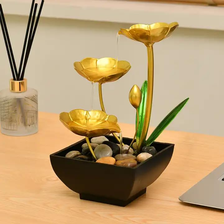 Mforall Metal Tabletop Waterfall Fountain Tablr Auto Water Fountain Three Layer Water Fountain Indoor Relaxation Lotus Leaf Fountain For Bedroom Office Showcase Small Golden - Image 1