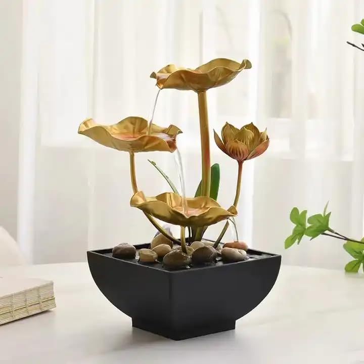 Mforall Metal Tabletop Waterfall Fountain Tablr Auto Water Fountain Three Layer Water Fountain Indoor Relaxation Lotus Leaf Fountain For Bedroom Office Showcase Small Golden - Image 3