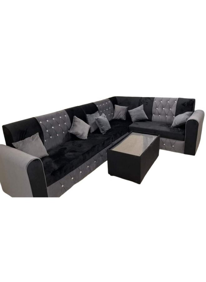 Maharat Al Bahar - L Shape Mab Sofa Set 5 Seater With table & Pillow Grey/Black 300X80X80 - Image 1