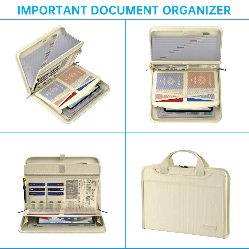 ENGPOW Accordion File Organizer,Fireproof Expanding File Folder with Multi Pockets,13 Pockets Document Organizer Bag with Handle & Labels,Portable Home Travel Safe Storage for Letter A4 Files,Beige - Image 4