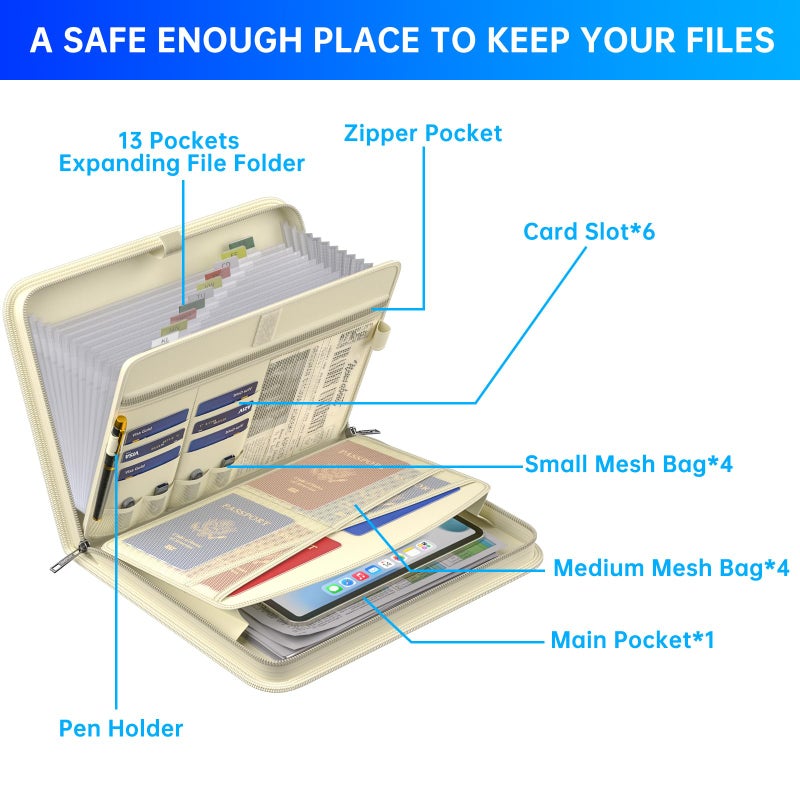 ENGPOW Accordion File Organizer,Fireproof Expanding File Folder with Multi Pockets,13 Pockets Document Organizer Bag with Handle & Labels,Portable Home Travel Safe Storage for Letter A4 Files,Beige - Image 5