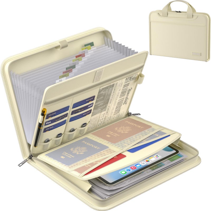 ENGPOW Accordion File Organizer,Fireproof Expanding File Folder with Multi Pockets,13 Pockets Document Organizer Bag with Handle & Labels,Portable Home Travel Safe Storage for Letter A4 Files,Beige - Image 1