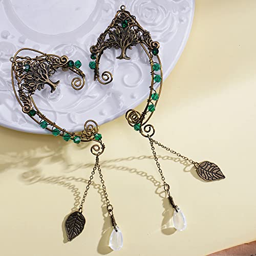 FRESHME Renaissance Fairy Elf Ear Cuffs - Handmade Bronze Tree of Life Leaf Vintage Metal Earrings with Green Rhinestone Tassel Dangle Non Pierced Ear Cuffs for Women Christmas Halloween Renaissance Cosplay Costume Accessories - Image 2