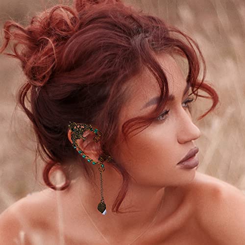 FRESHME Renaissance Fairy Elf Ear Cuffs - Handmade Bronze Tree of Life Leaf Vintage Metal Earrings with Green Rhinestone Tassel Dangle Non Pierced Ear Cuffs for Women Christmas Halloween Renaissance Cosplay Costume Accessories - Image 3