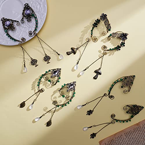 FRESHME Renaissance Fairy Elf Ear Cuffs - Handmade Bronze Tree of Life Leaf Vintage Metal Earrings with Green Rhinestone Tassel Dangle Non Pierced Ear Cuffs for Women Christmas Halloween Renaissance Cosplay Costume Accessories - Image 5