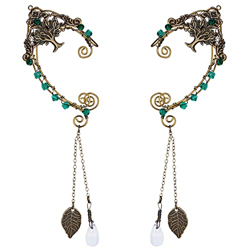 FRESHME Renaissance Fairy Elf Ear Cuffs - Handmade Bronze Tree of Life Leaf Vintage Metal Earrings with Green Rhinestone Tassel Dangle Non Pierced Ear Cuffs for Women Christmas Halloween Renaissance Cosplay Costume Accessories - Image 1