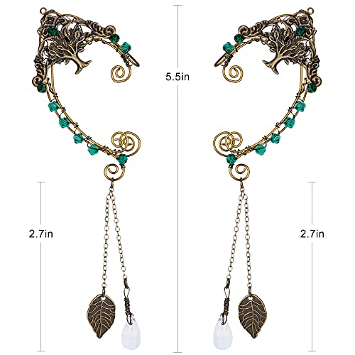 FRESHME Renaissance Fairy Elf Ear Cuffs - Handmade Bronze Tree of Life Leaf Vintage Metal Earrings with Green Rhinestone Tassel Dangle Non Pierced Ear Cuffs for Women Christmas Halloween Renaissance Cosplay Costume Accessories - Image 4