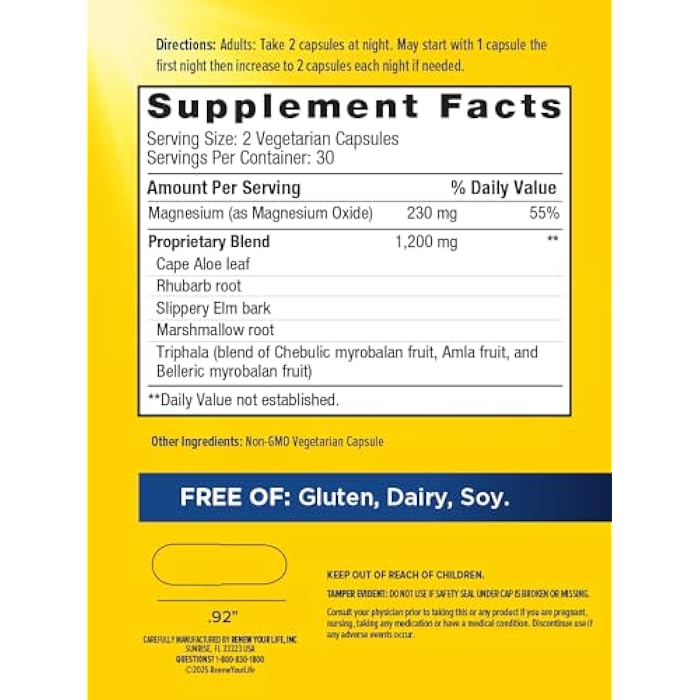 Renew Your Life CleanseMore Overnight Formula Herbs & Magnesium | Gluten Free Non-GMO | 60 Vegetarian Capsules - Image 3