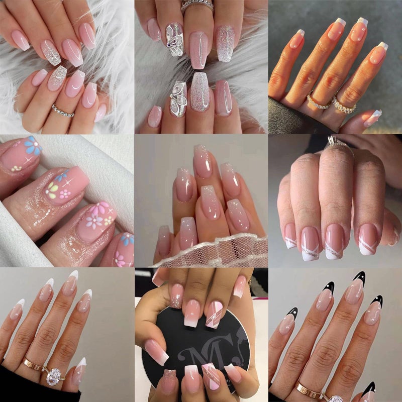 Jsiallye 216Pcs Pink Gradient Press On nails Short Square,9 Packs French Tip Press On Nails Almond,Fit Perfectly & Natural Reusable Stick on Nails in 24 Sizes - Image 1