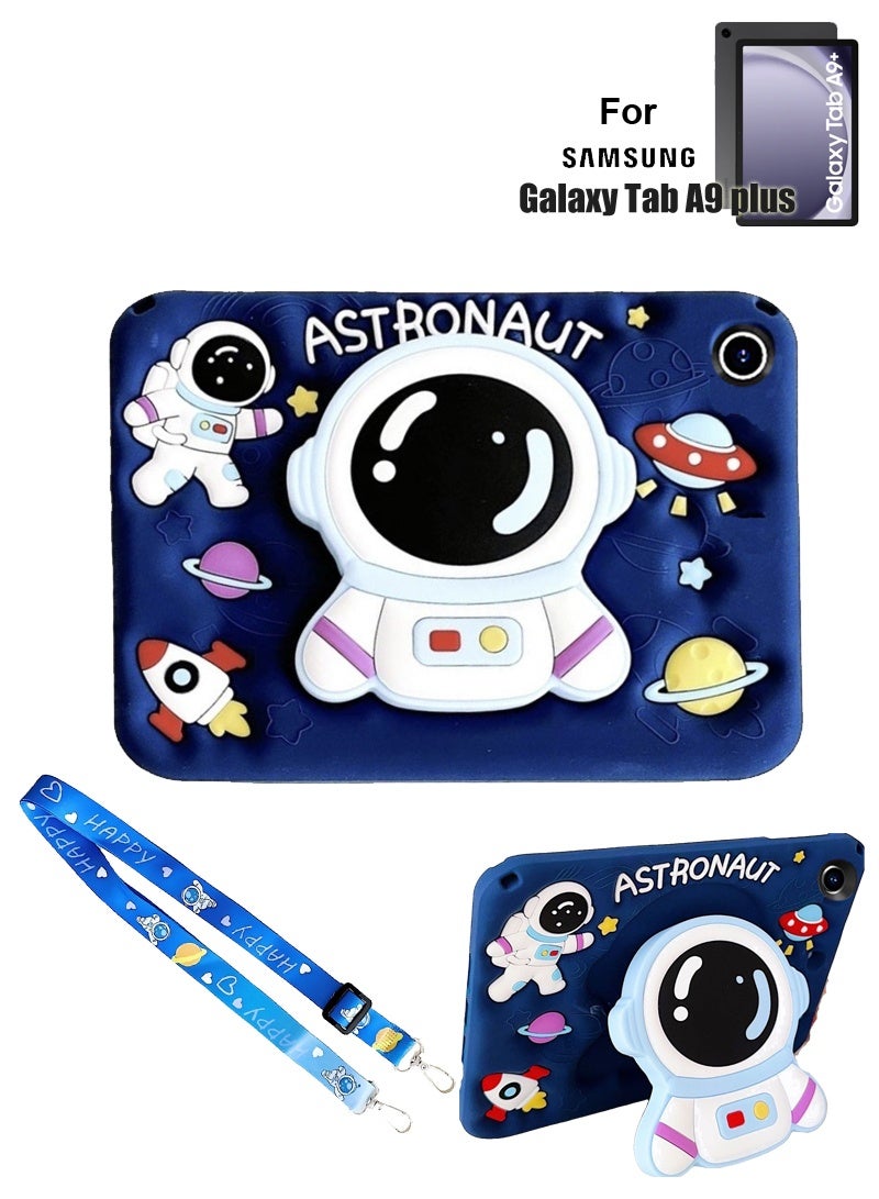 Samsung Galaxy Tab A9 Plus 11-inch Tablet Kids Protective Case with Pen Slot, Stand, and Shoulder Strap， 3D Astronaut 3D Stand Design Shock-Absorbing Silicone Protection Kids' Favorite Tablet Cover - Image 1