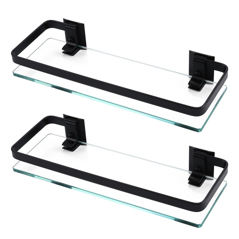 KES Glass Shelves for Bathroom, Floating Tempered Glass Shelves 14 Inch Aluminum Extra Thick 2 Pack Rectangular Storage Organizer Wall Mount Silver, A4126A-P2 - Image 1
