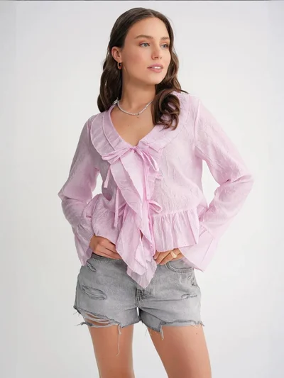 MixRay Mixray V-Neck Ruffle Blouse with Drawstring
