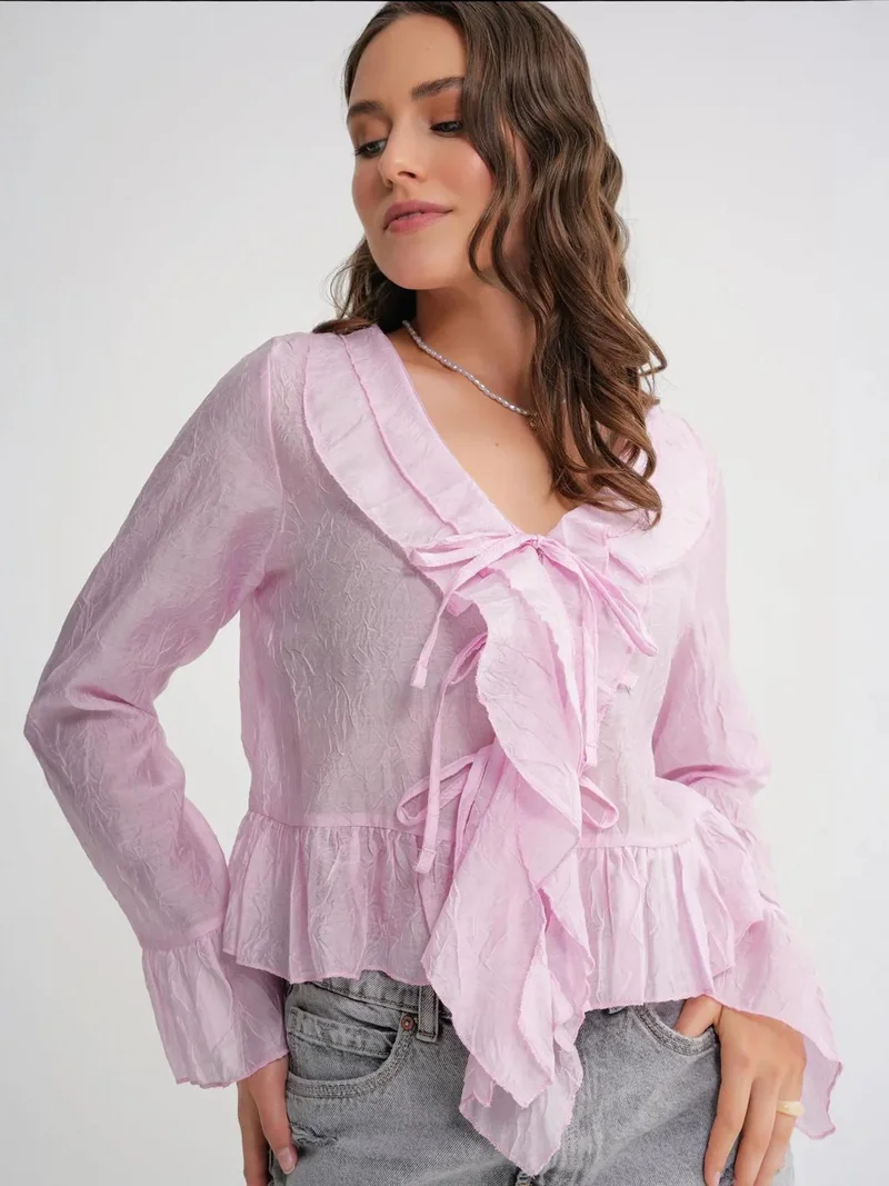 MixRay Mixray V-Neck Ruffle Blouse with Drawstring