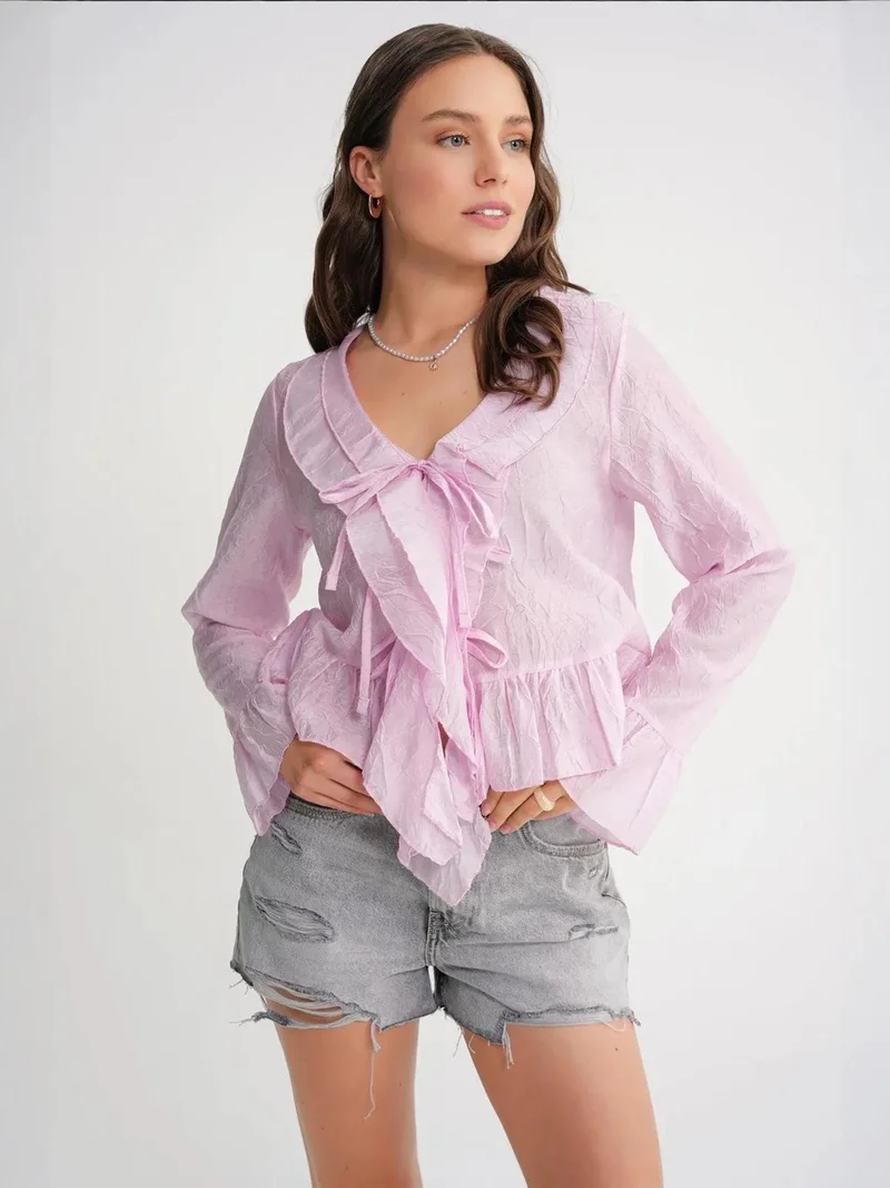 MixRay Mixray V-Neck Ruffle Blouse with Drawstring