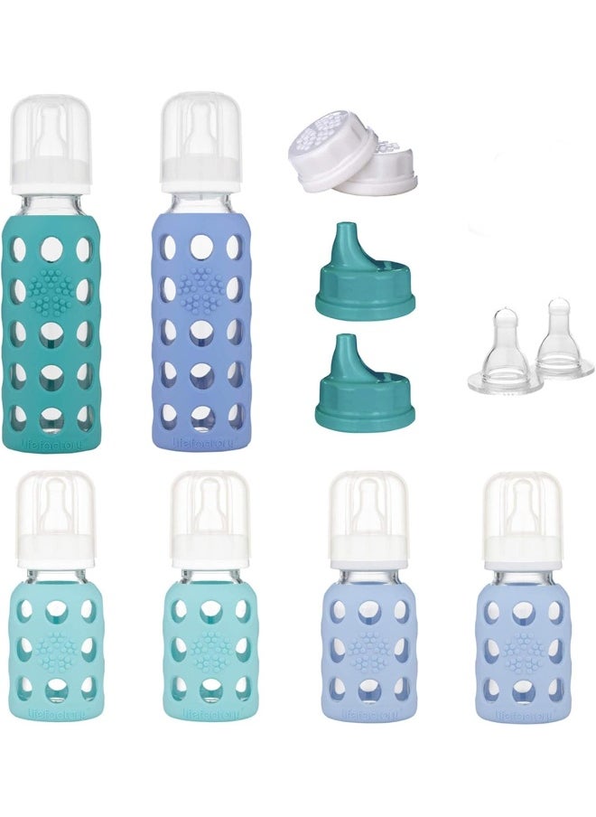 lifefactory Lifefactory 6 Bottle Starter Set (4) 4-Ounce Baby Bottle in Mint/Blanket (2) 9-Ounce Baby Bottle in Kale/Blueberry (2) Flat Caps (2) Sippy Caps (2) Stage 2 Nipples, Mint/Blanket/Kale/Blueberry/White  - Image 1