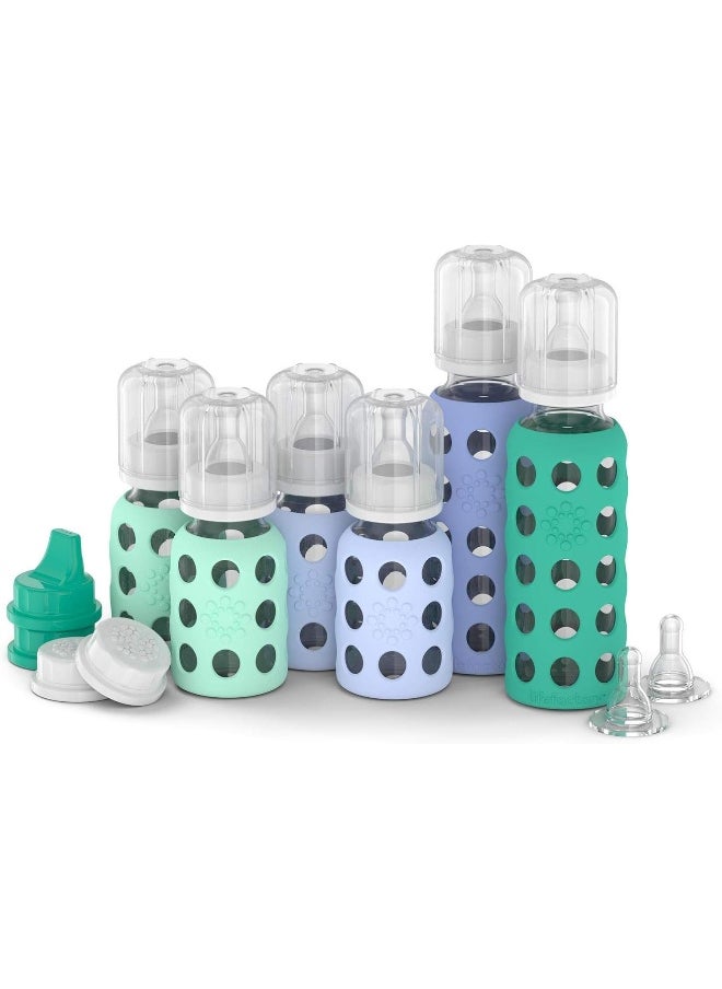 lifefactory Lifefactory 6 Bottle Starter Set (4) 4-Ounce Baby Bottle in Mint/Blanket (2) 9-Ounce Baby Bottle in Kale/Blueberry (2) Flat Caps (2) Sippy Caps (2) Stage 2 Nipples, Mint/Blanket/Kale/Blueberry/White  - Image 2