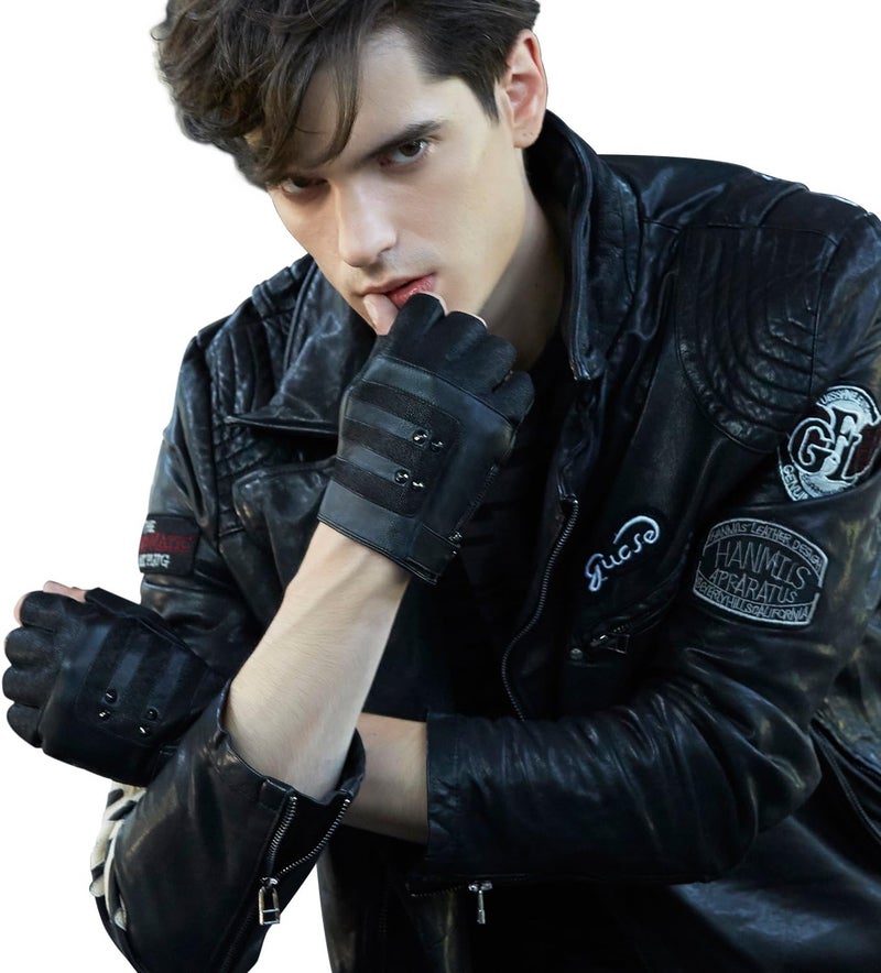 FIORETTO Men's Punk Style Fingerless Leather Gloves - Black, M - Image 1