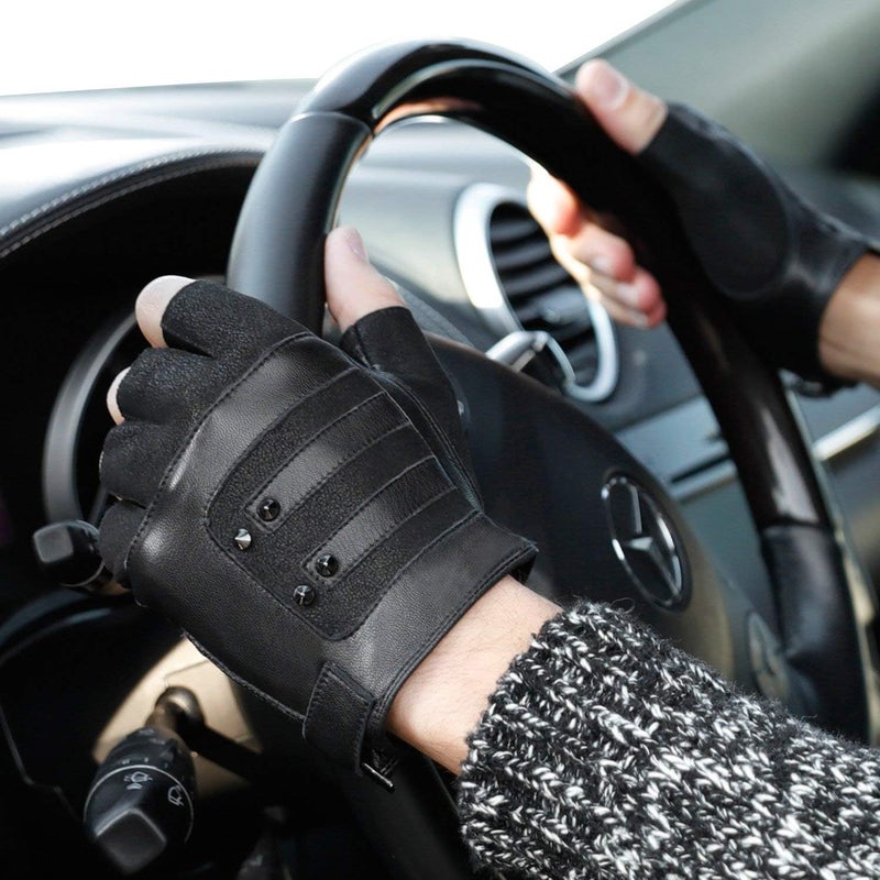 FIORETTO Men's Punk Style Fingerless Leather Gloves - Black, M - Image 2