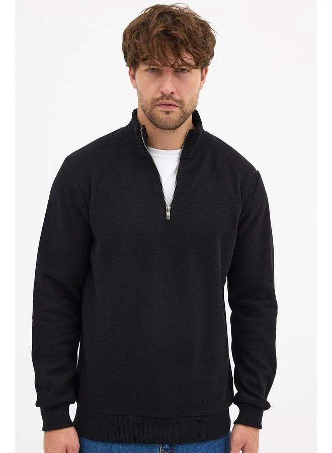 mmetalic Men’s Black Standard Fit Regular Cut Cotton Half-Zip Stand-Up Collar Sweatshirt.