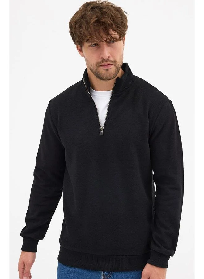 mmetalic Men’s Black Standard Fit Regular Cut Cotton Half-Zip Stand-Up Collar Sweatshirt.
