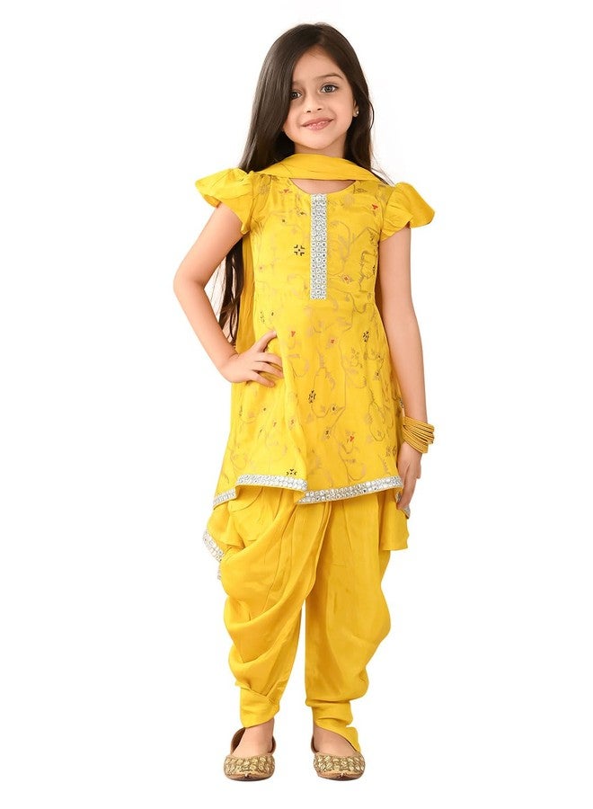 LILPICKS طقم كورتا مطبوع عرقي من ليلبيكس مع بنطال دهوتي ودوبيتا للفتيات (أصفر) (11-12 سنة) - Image 1