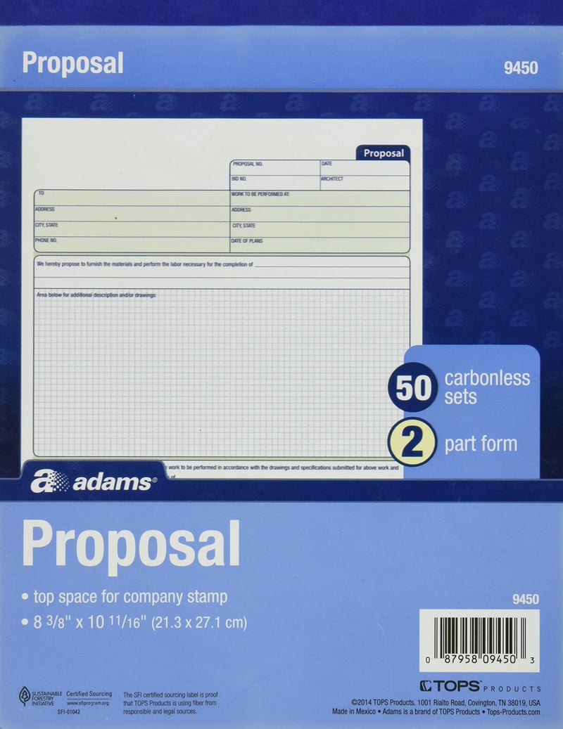 Adams Proposal Form Book 2Part Carbonless 1019 x 838 Inches 50 Sets White and Canary 9450ABF