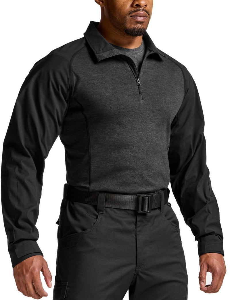 CQR Men's Combat Shirt Tactical 1/4 Zip Long Sleeve Military BDU Shirts Camo EDC Top with Pockets, Tac Chill Black, Large - Image 1