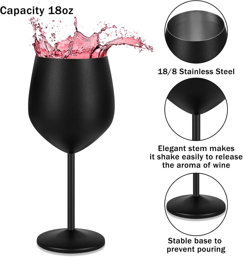 Lifecapido Stainless Steel Wine Glasses Set of 6, 18oz Stainless Steel Metal Wine Glasses, Black Wine Glasses with Cup Brush for Party Office Wedding Anniversary, Great for Red White Wine (Black) - Image 2