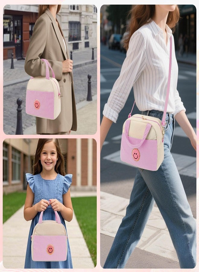 LSxia Kids Lunch Bag Lunch Box for Teen Girls Boys Back to School, Cute Preppy Lunchbox With Adjustable Shoulder Strap, Insulated Corduroy Lunch-Boxes Lunch-Bags for Women Work Picnic (Light Pink) - Image 3